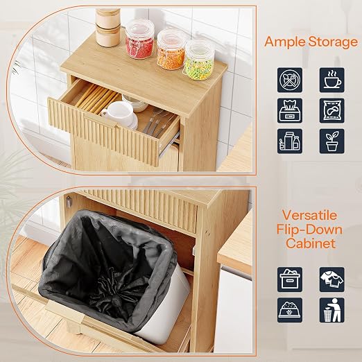 HOOBRO 10 Gallon Tilt-Out Trash Can Cabinet, Hidden Garbage Bin Storage with Drawer and Flip-Down Door with Sensor Light Strip, Dog Proof Trash Can for Kitchen Living Room, Natural NL06DLJ01