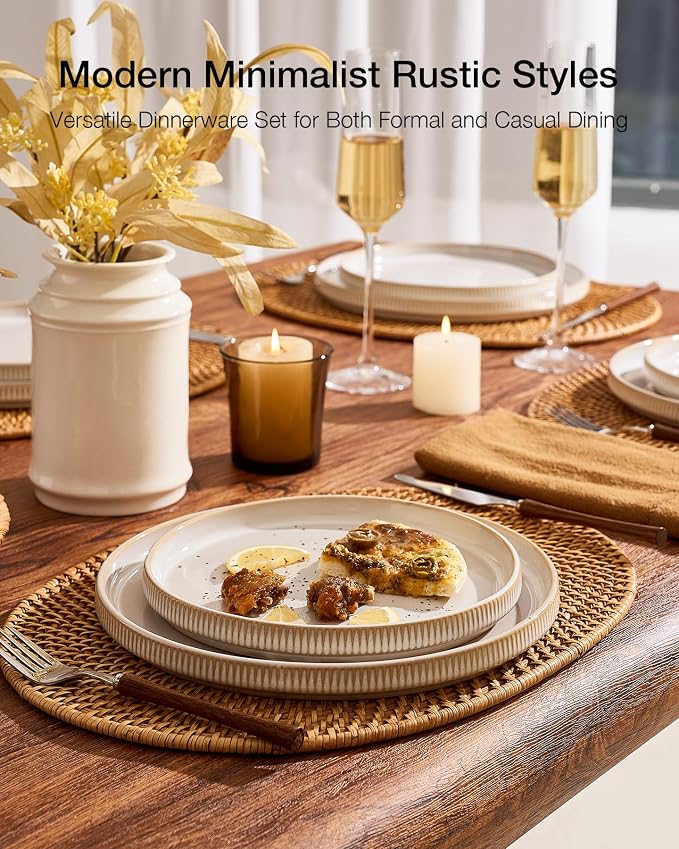 Famiware Star 12pc Stoneware Dinnerware Sets for 6-10.5" & 8" Flat Plates | Ceramic Dishes with Llipped Edges, Chip & Scratch Resistant, Microwave & Dishwasher Safe, Everyday Dining, Cappuccino White