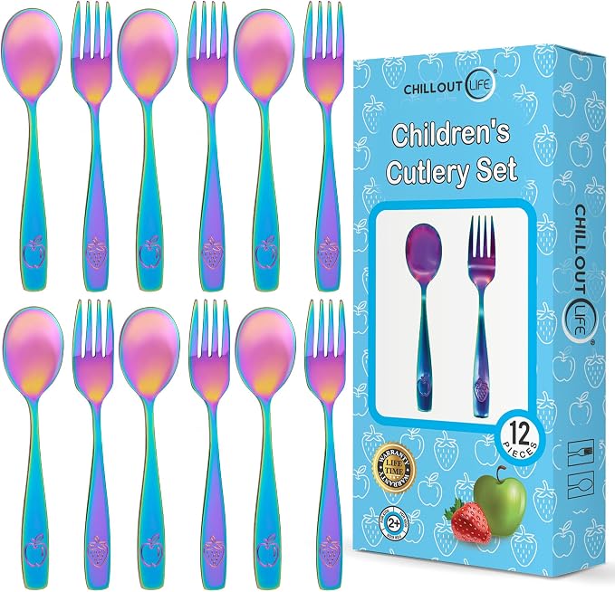 CHILLOUT LIFE Stainless Steel Kids Silverware Set 12 Pieces - Child and Toddler Safe Flatware - Kids Utensil Set - Metal Kids Cutlery Set (Includes 6 Small Kids Spoons & Kids 6 Forks, UV Rainbow)