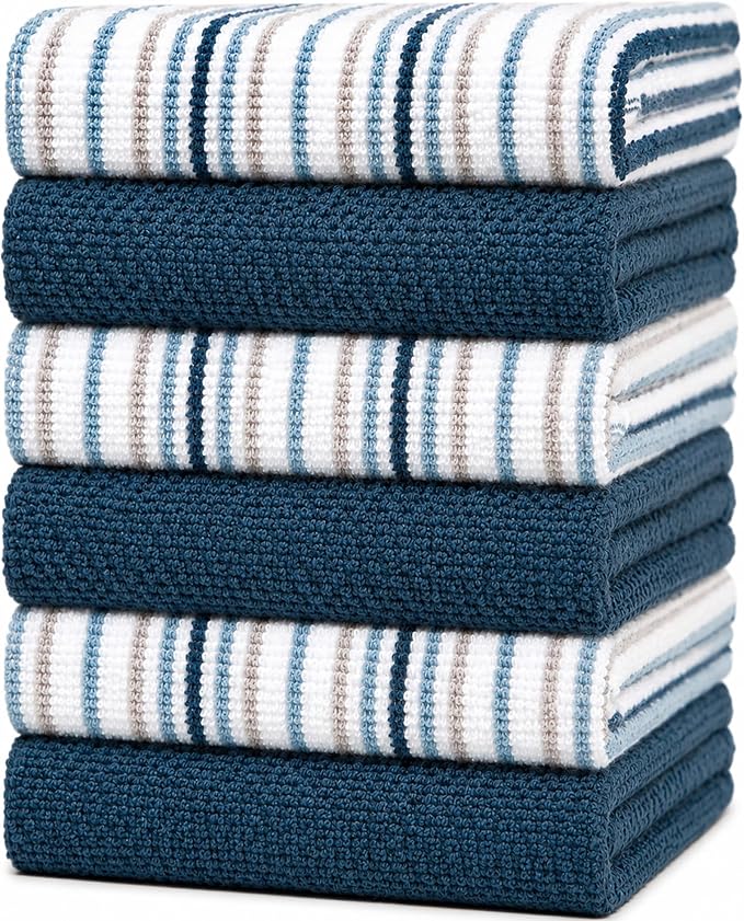 Bumble Kitchen Towels 6 Pack 100% Cotton 16"x26" - Blue | 430 GSM Soft Kitchen Hand Towels with Hanging Loop, Highly Absorbent & Durable for Washing and Drying Dishes