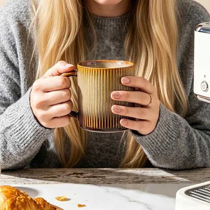 theterra Ceramic Coffee Mugs Set of 6, 14.2 oz Coffee Cups with Handle | Handmade, Suitable for Latte, Tea, Milk, Beer & Hot Cocoa, Creamy Amber