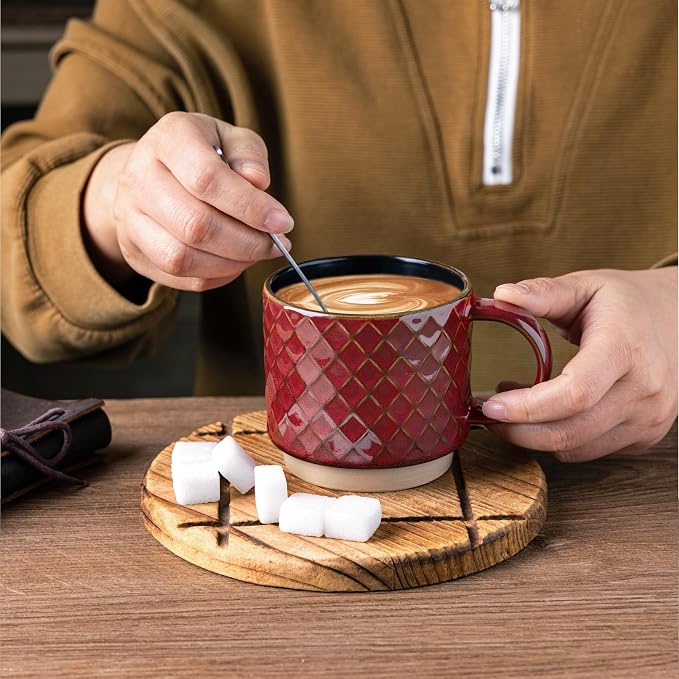 GBhome 8 OZ Stackable Coffee Mugs Set of 4, Ceramic Coffee Cups Set | 4 Assorted Designs, Embossed Mugs with Texture Patterns for Espresso/Tea, Dishwasher&Microwave Safe,