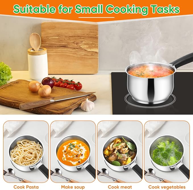 P&P CHEF 1 Quart Stainless Steel Sauce Pan Pot with Lid, Small Saucepan | For Induction Cooking & Multi Stoves, Multipurpose Pot with Visible Glass Lid & Silicone Handle, Rust Free & Dishwasher Use