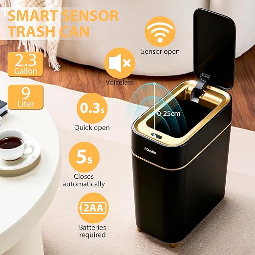 Pukomc Motion Sensor Wastebasket,2.3 Gallon Bathroom Trash can with lid | Touchless Smart Plastic Slim Wastebasket,Quiet Close Waste Bin for Bathroom,Office,RV,Bedroom,Living Room