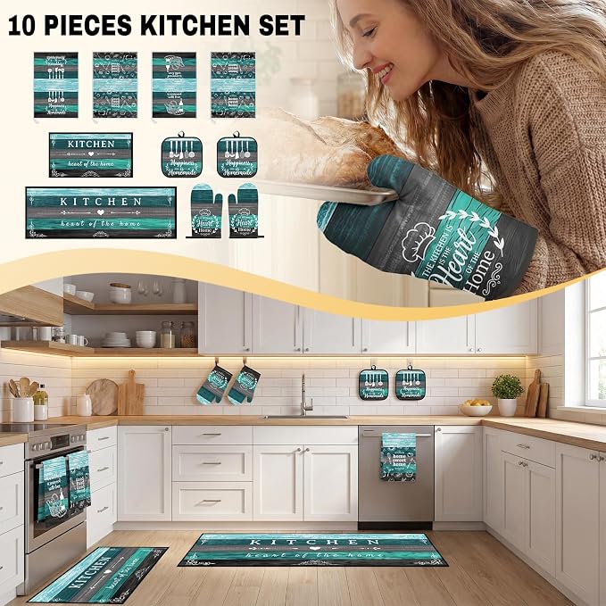 10 Pcs Kitchen Decor and Accessories Set, Teal Turquoise | 4 Dish Towels Kitchen Rugs 2 Oven Mitts 2 Pot Holders, Home Decor for Cooking Baking BBQ Gifts Women Mom Housewarming