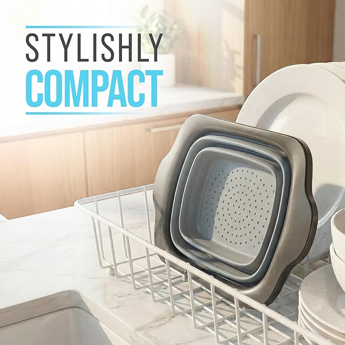 Comfify Gray Collapsible Silicone Over-Sink Colander – 6 Qt – Extendable | Gray; silicone; 17.1"L x 10.1"W; collapses to 1.4"H; 6 Qt; handles extend 25" to span sink; heat resistant 176F