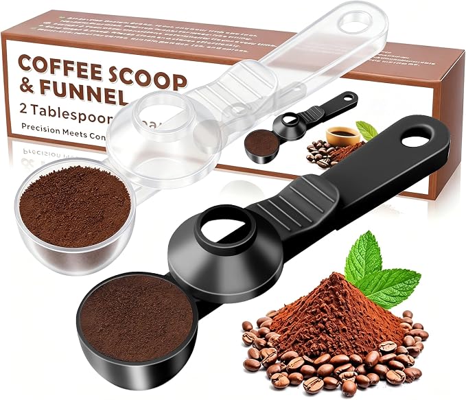 2-in-1 Coffee Scoop with Funnel, 2 Tbsp Measuring Spoon for Reusable K Cups, Ground Coffee, Protein Powder & Tea, Mess-Free Plastic Design (Black+Transparent, 2pack)