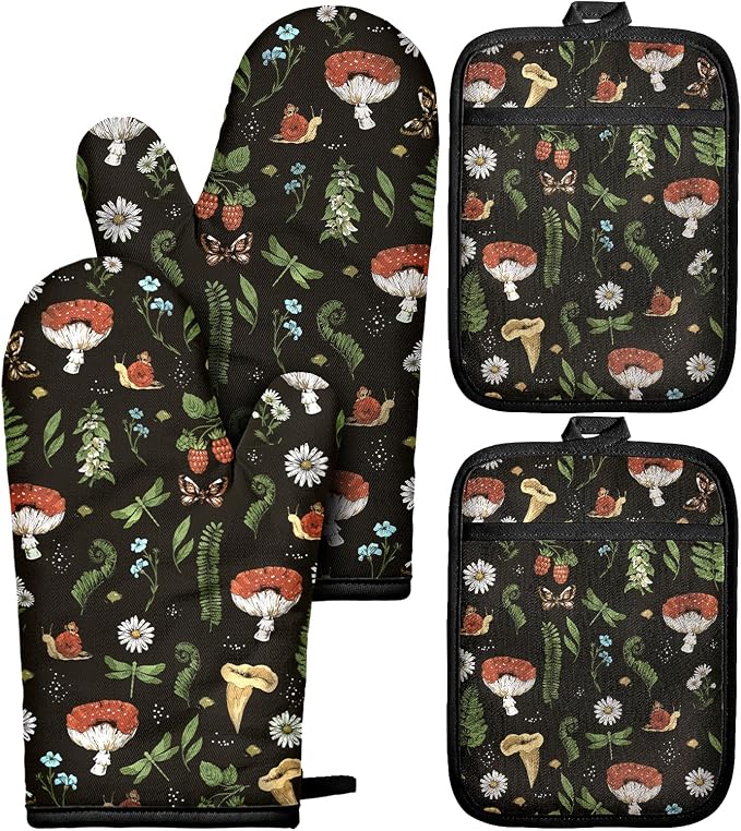 Miss Adola Cotton Oven Mitts and Pot Holders Sets, Forest Charm | Heat-resistant up to 350°F, Pure Cotton, Quilted Contact Surface, Stylish Design, with Hanging Loop, Ready to Gift Package