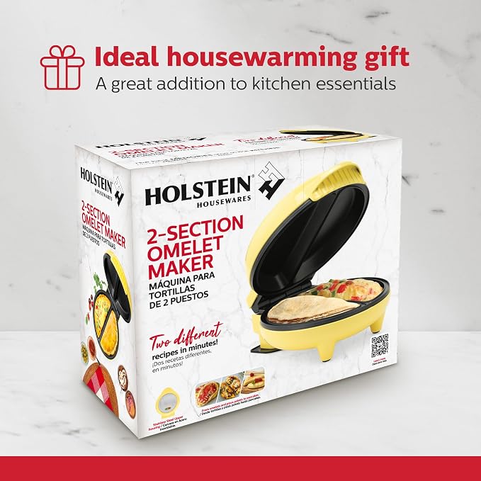 Holstein Housewares Stainless Steel 2 Section Omelet & Frittata Maker, Non Stick Coating, Easy To Clean, Indicator Lights, Compact Storage, Prepare Versatile Recipes in Minutes. 2 Portions, Yellow