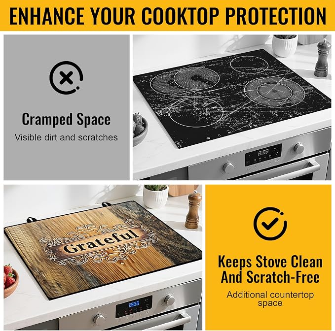 NYZE Electric Stove Top Cover, Cooktop Protector for Extra Counter Space, Heat Resistant & Non-Slip Kitchen Mat - Rustic Wood Grateful, 28" x 20"