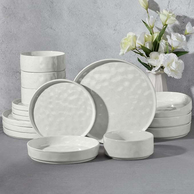 E-far Stoneware Dinnerware Set, 16-Piece White Plates and Bowls Sets for 4 | Modern Ripple Design Dishes Set for Kitchen Dining, Chip & Scratch Resistant, Microwave & Dishwasher Safe, Speckled White