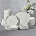 E-far Stoneware Dinnerware Set, 16-Piece White Plates and Bowls Sets for 4 | Modern Ripple Design Dishes Set for Kitchen Dining, Chip & Scratch Resistant, Microwave & Dishwasher Safe, Speckled White