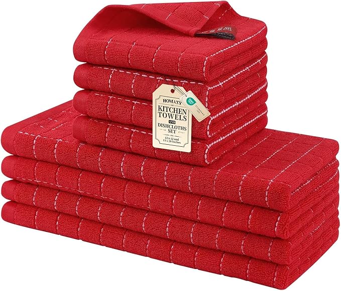 Homaxy Kitchen Towels and Dishcloths Set, Set of 8, Red | Bulk Cotton Terry Kitchen Towels, Checkered Designed, Soft and Super Absorbent Dish Towels, 12 x 12 and 13 x 28 Inches
