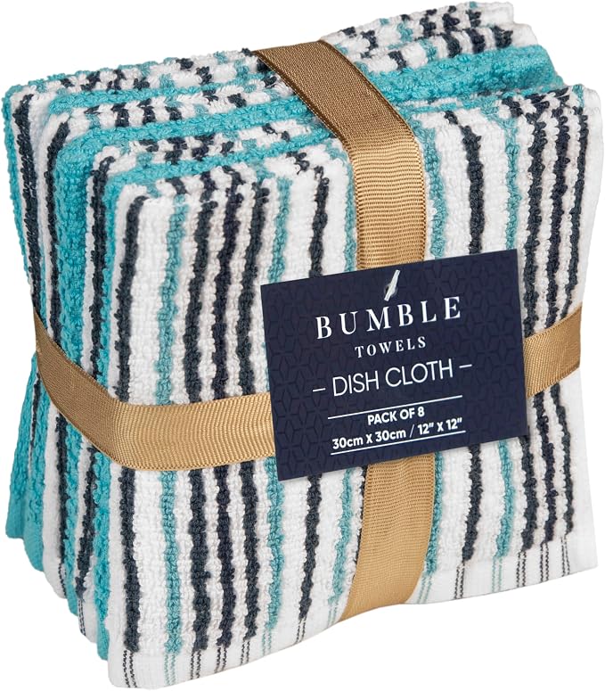 Bumble Dish Cloths 8-Pack, 100% Cotton Kitchen Towels, 12"x12" Aqua | 430 GSM Soft Dish Towels for Kitchen, Highly Absorbent & Durable Kitchen Rags for Washing Dishes