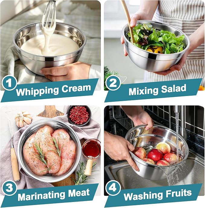 TeamFar Mixing Bowls, Stainless Steel Nesting Salad Bowls & Airtight Lids | For Serving/Mixing/Storing, Healthy & Heavy-duty, Dishwasher Safe & Easy Clean, 4.6/3 / 1.5 QT, Navy Blue