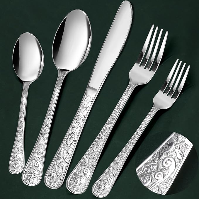 Meythway 60-Piece Vintage Carved Silverware Set for 12, Stainless Steel Flatware Set with Knife/Fork/Spoon, Cutlery Set for Home and Kitchen, Utensil Set with Dishwasher Safe