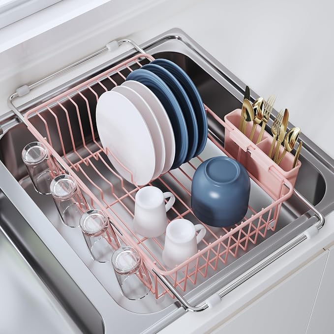 JASIWAY Pink Dish Drying Rack in Sink, Dish Drainer with Utensil Holder | Over The Sink Expandable Stainless Steel Strainer Dryer Rack for Small Kitchen, Counter Space Saving, Fast Drain, Rustproof
