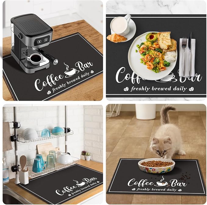 CooRug Fashion Coffee Mat, Dish Drying Mat 16" x 24" Black | Hide Stain, Absorbent, Coffee Bar Accessories, Heat Resistant, Non-slip, Eco-friendly, Easy to Clean