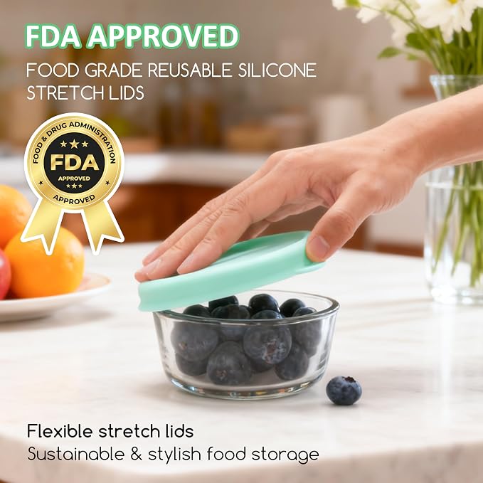 1 Cup Round Silicone Storage Cover Lids Replacement for Anchor Hocking and Pyrex 7202-PC Glass Bowls (Container not Included) (Green) 2 Pack