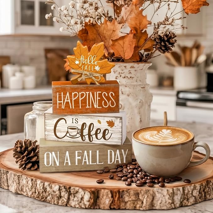 Lineshading 4 Pcs Fall Block Signs, Wooden Farmhouse Tiered Tray Decor | Stackable Rustic Wood Blocks with Maple Leaf Topper, Coffee Happiness Quote, Perfect for Tabletop Mantel Shelf Display
