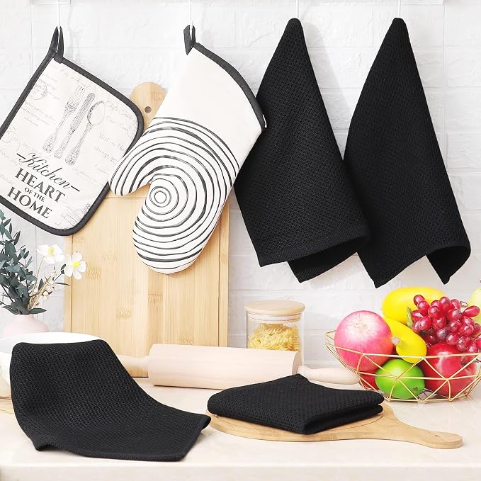 Homaxy 100% Cotton Waffle Weave Kitchen Dish Cloths 18-Pack, Black | 12 x 12 Inches, Ultra Soft Absorbent Dish Towels, Quick Drying Dish Rags with Hanging Loop