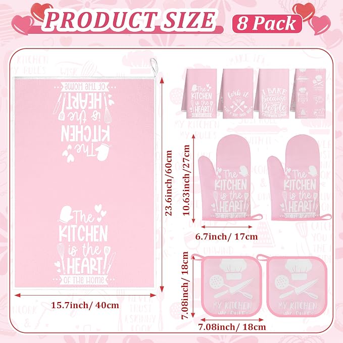 8 Pcs Pink Kitchen Decor Set 4 Pink Kitchen Dish Towels 2 Oven Mitt 2 Pot Holders for Kitchens Cooking Baking Spring Decoration Farmhouse Housewarming Accessories