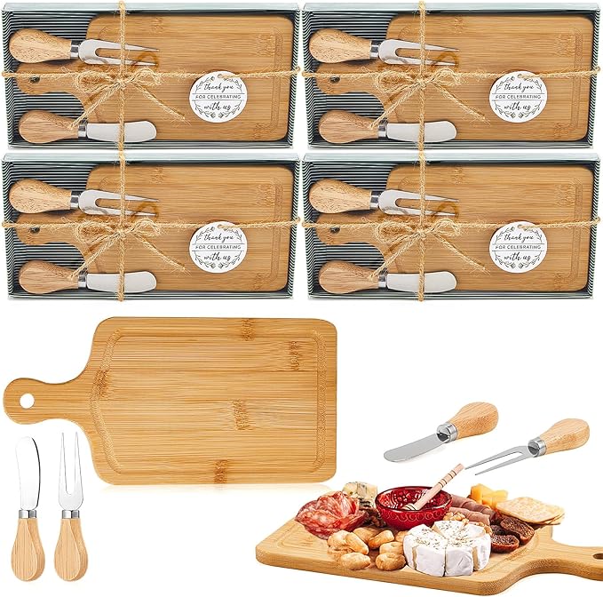 4 Sets Bridal Shower Favor Prizes Charcuterie Board,Bamboo Color | Bamboo Cheese Board with Knife Fork Thank You Tag, Gift Box for Guests, Valentines Wedding Baby Shower Party Favors