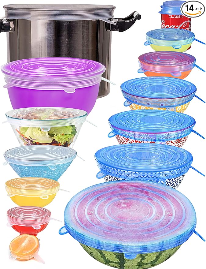 Longzon Silicone Stretch Lids 14 Pack Include 2Pcs Size up to 9.8'' Dia | 7 Different Sizes to Meet 2.6"-9.8''Dia, Reusable Durable Food Storage Covers for Bowl, Containers,Dishwasher & Freezer Safe