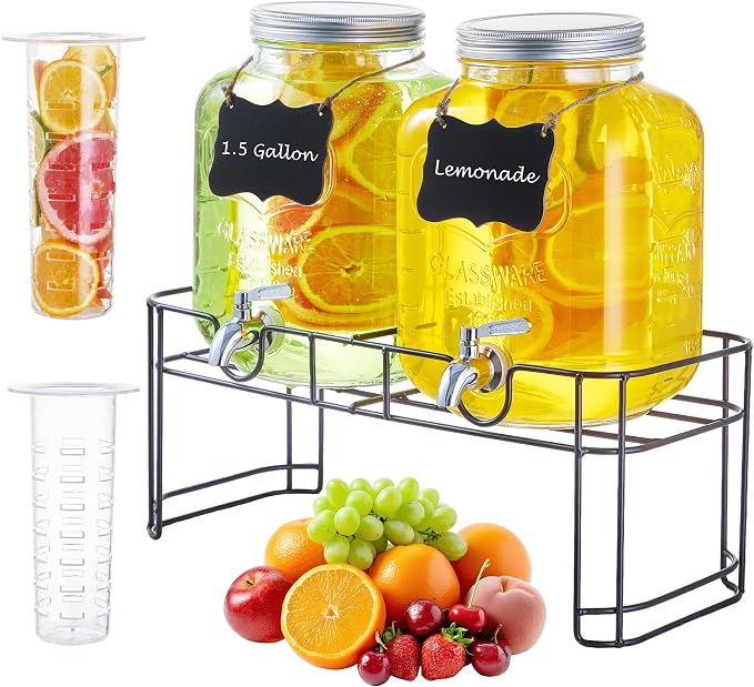 1.5 Gallon Glass Drink Dispensers for Parties, 2PACK Beverage Dispenser with Stand, Ice Cylinder and Stainless Steel Spigot 100% Leakproof, Beverage Dispenser for Lemonade Sun Tea