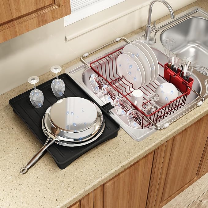 Red Dish Drying Rack Over Sink with Utensil Holder, Drainboard | Expandable Stainless Steel Dish Drainer for Small Kitchen, Apartment, RV, Counter Space Saving, Perfect Fit, Rustproof