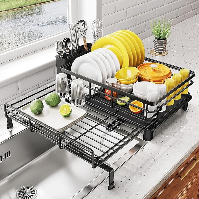 Expandable Dish Drying Rack for Kitchen Counter, Stainless Steel, Black | Foldable Over Sink, Large Capacity, Adjust to Fit Most Sinks, Angled Drainboard, Removable Utensil Holder, Slip Resistant