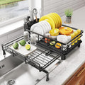 Expandable Dish Drying Rack for Kitchen Counter, Stainless Steel, Black | Foldable Over Sink, Large Capacity, Adjust to Fit Most Sinks, Angled Drainboard, Removable Utensil Holder, Slip Resistant
