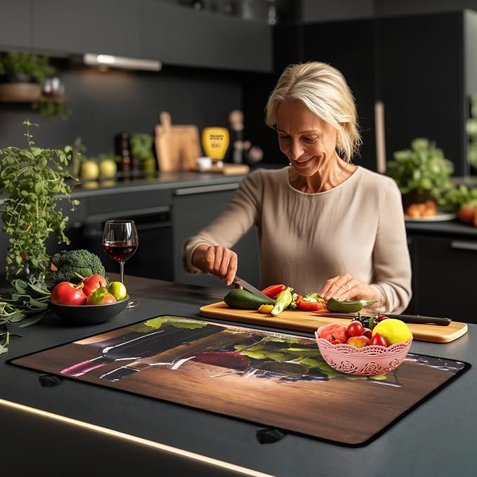Red White Wine Stove Top Covers for Electric Stove Retro Fruit Grapes Wooden Board Glass Top Gas Stove Pad Heat Resistant Range Cooktop Mat for Kitchen 28"x20"