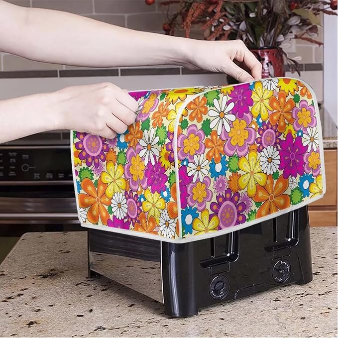 Daisy Print Food Toaster Cover Multicolor, Floral 2 Slice Wide Slot Oven Protector Fingerprint Protector, Foldable Small Appliance Protection Anti-dust Bread Machine Cover