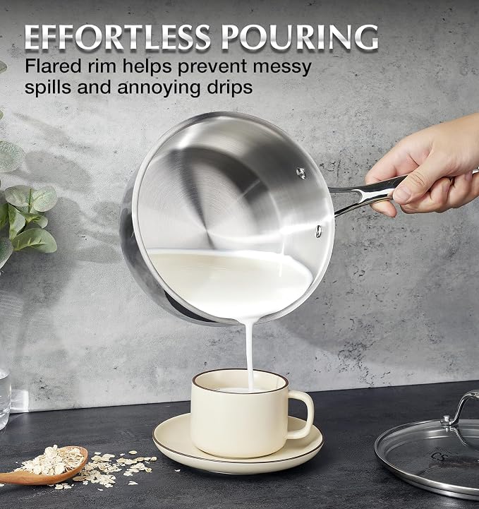 KOCH SYSTEME CS Triply Stainless Steel Saucepan, 3 Quart Stainless Steel Pot with lid, Large Cooking Pot, 3QT Sauce Pan with Stay Cool Handle, Induction Compatible Pot, Oven Safe 600°F