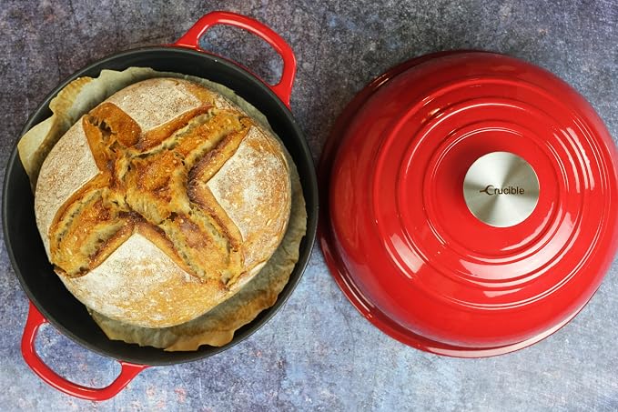 Enameled Cast Iron Bread Pan, Sourdough Artisan Bread Oven – Red – Round 26 cm, 6.25 L (6.6 qt) – Boule Pan with a Deep Lid for Steam Baking
