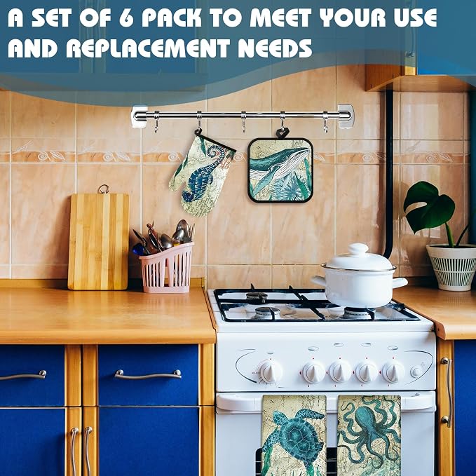 Mindsoft 6 Pcs Ocean Beach Kitchen Towel Oven Mitt Pot Holder Set | Heat Resistant Mitts, Sea Turtle Octopus Starfish Design, Coastal Beach Decor, Absorbent Towels for Cooking, Gift Set