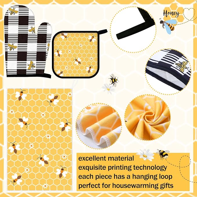 Leinuosen 8 Pcs Yellow Bee Kitchen Towels and Dishcloths Sets Oven Mitts and Pot Holders Sets Absorbent Kitchen Gloves Potholders Heat Resistant for Chef Baking Cooking