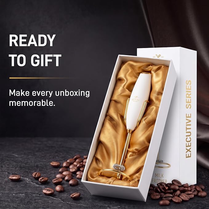 Zulay Kitchen Powerful Milk Frother Wand With Duracell Batteries - Ultra Fast Handheld Drink Mixer - Electric Whisk Foam Maker for Coffee, Lattes, Cappuccino & Matcha - Z1 Motor - Exec White Gold