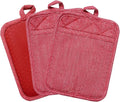 Pot Holders Yarn-Dyed Set of 3 Non Slip Silicone Kitchen Lines | Heat Resistant 500℉ Kitchen Gloves BBQ Cooking Baking Women Men Cooking Barbecue Microwave Machine Washable (Red Potholders)