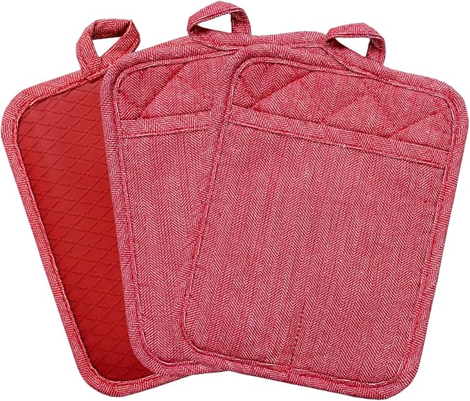 Pot Holders Yarn-Dyed Set of 3 Non Slip Silicone Kitchen Lines | Heat Resistant 500℉ Kitchen Gloves BBQ Cooking Baking Women Men Cooking Barbecue Microwave Machine Washable (Red Potholders)
