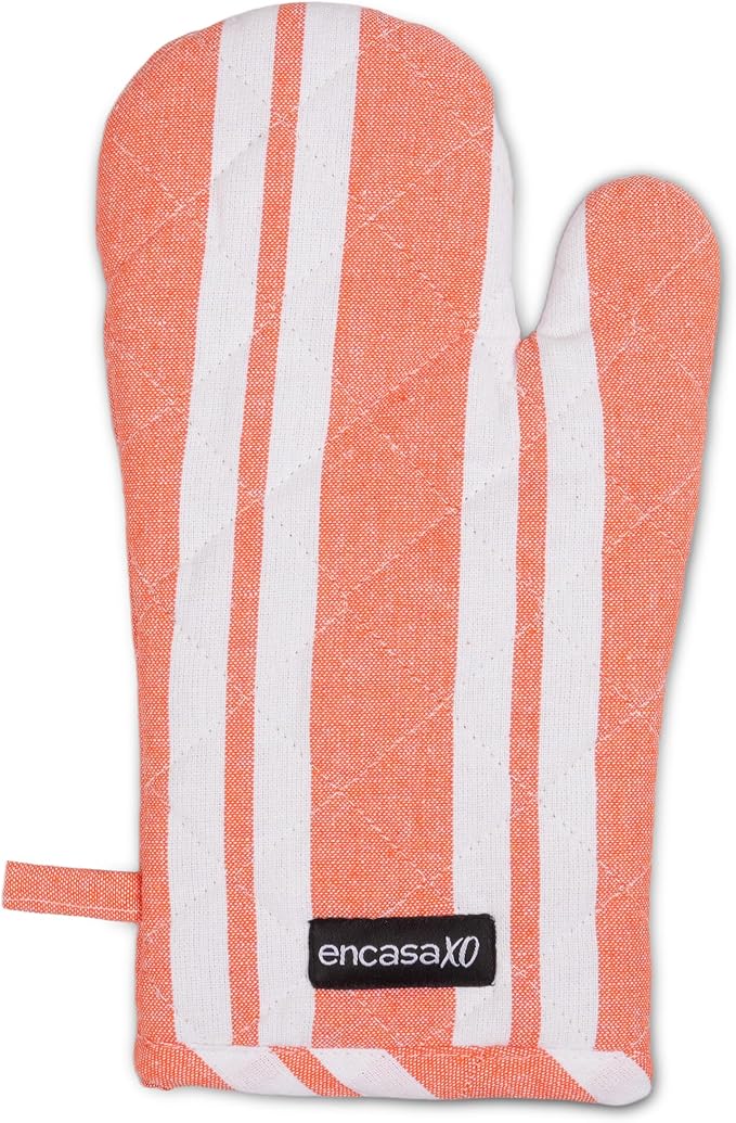 Encasa XO Oven Mitts, Heat Resistant Kitchen Gloves, Microwave | Franca Orange Stripes, 100% Cotton | Diamond Quilted Insulation | Pot Holders | Hanging Loop | Barbecue & Grill | Set of 2