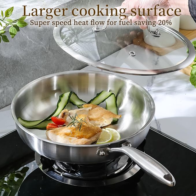 DELARLO Tri-Ply Stainless Steel Pan,18/10, 10" | Nontoxic Durable Oven Safe 800℉ All Cooktops Compatible Fast Even Heat PFOA Free Large Frying Pan Nontoxic Cookware