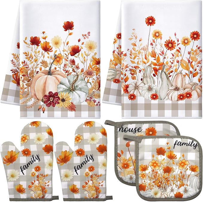 Leinuosen 6 Pack Fall Thanksgiving Kitchen Set with 2 Flower Dish Towels, 2 Pumpkin Pot Holders and 2 Buffalo Plaid Oven Mitts for Gifting, Baking, and Cooking Accessories
