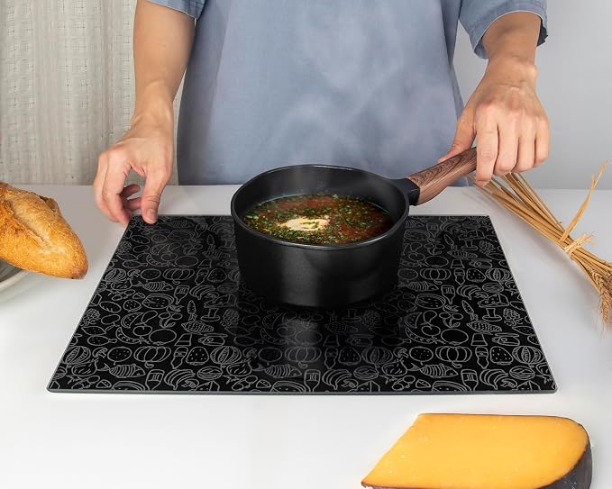Glass Cutting Board 16"x12": Tempered Glass Kitchen Counter Protector - Durable- Scratch-Resistant, Heat-Proof - Design 4 - Black Design