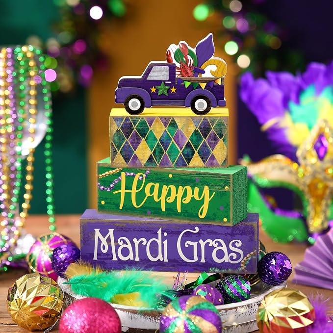 Lineshading 4 Pcs Mardi Gras Tiered Tray Decor Wooden Blocks, Truck | Rustic Farmhouse Block Signs with Purple Green Gold, Happy Text and Fleur-de-lis, Stacked Table Centerpiece for Parties
