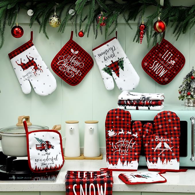 SiliFine 12 Pcs Christmas Buffalo Plaid Kitchen Accessories Set Red Black Check Pot Holders Reindeer Oven Mitts Xmas Tree Kitchen Towels for Christmas Home Decorations, Cooking Baking Holiday Gifts