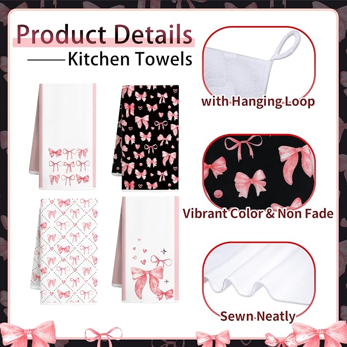 8 Pcs Cute Pink Bow Kitchen Towels and Dishcloths Sets Oven Mitts Pot Holders Set Mother's Day Absorbent Decor Accessories Gloves Potholders Heat Resistant for Chef Baking Cooking Home Gifts