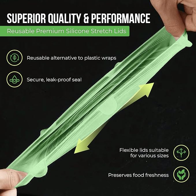 Reusable Silicone Stretch Lids for Food Storage in Fridge - Elastic Heat-Resistant Bowl Covers, Cups, Cans, Jars - Universal Food Grade Lid for Containers - 7 Pack - Light Green Stretchy Lid Set