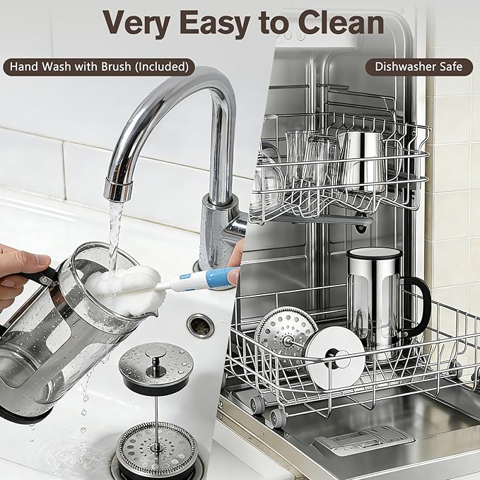 French Press Coffee Maker 34oz, Heat Resistant Thickened Glass Stainless Steel Brewer, Easy to Clean, 4-Level Filtration, Cold Brew Cafe/Tea Pot for Kitchen Camping Travel, Gifts, Bar